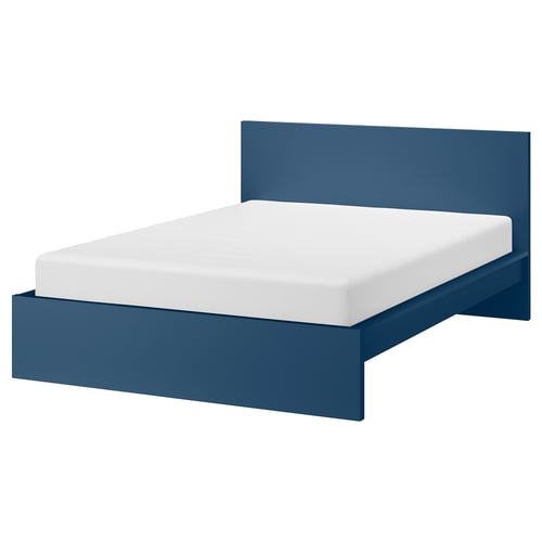 MALM: modern blue bed with high headboard, minimalist design, perfect for various mattress thicknesses.