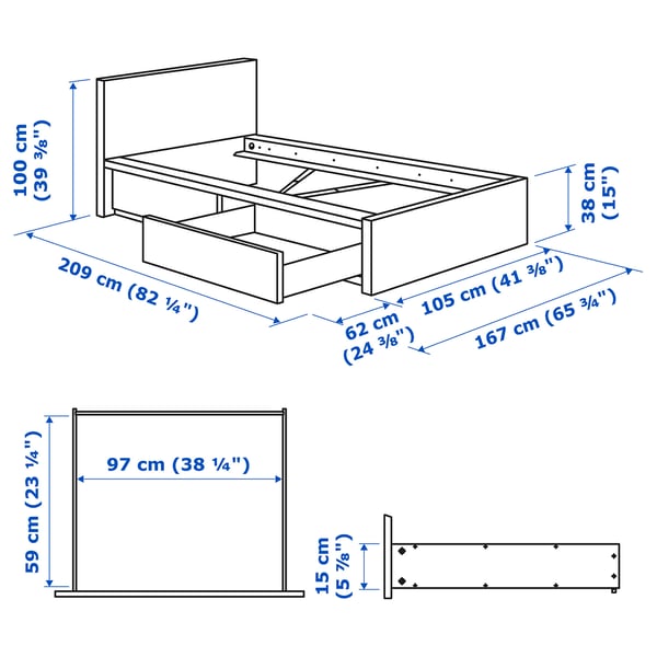 MALM Bed frame, high, w 2 storage boxes, grey stained, 90x200 cm