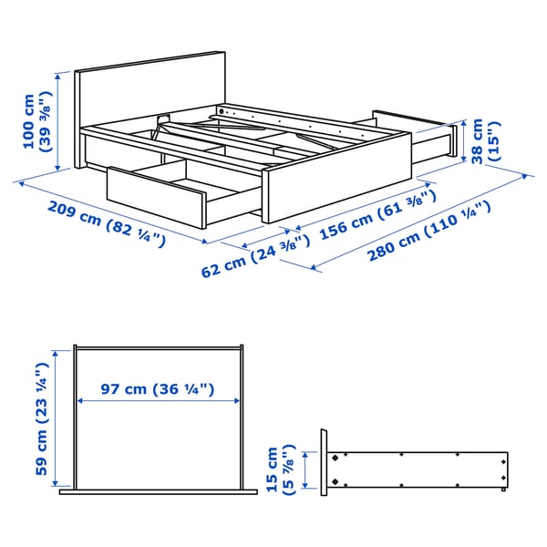 MALM Bed frame, high, w 4 storage boxes, grey stained/Lönset, 140x200 cm