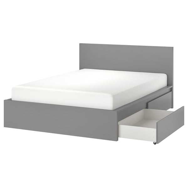 MALM Bed frame, high, w 4 storage boxes, grey stained/Luröy, 140x200 cm