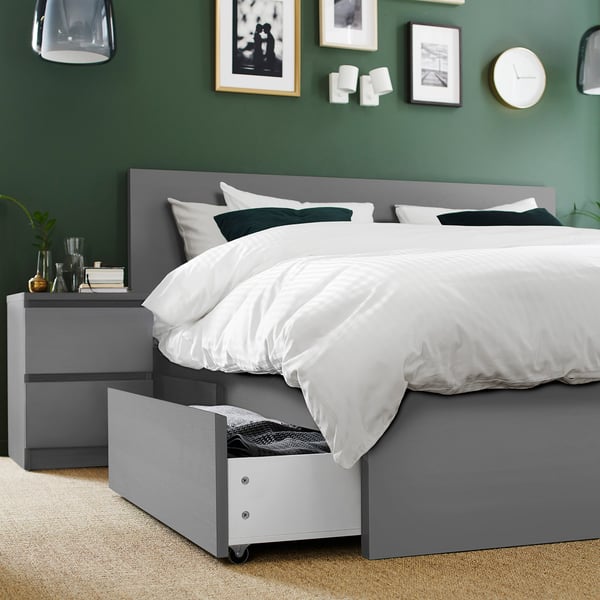 MALM Bed frame, high, w 4 storage boxes, grey stained, 180x200 cm