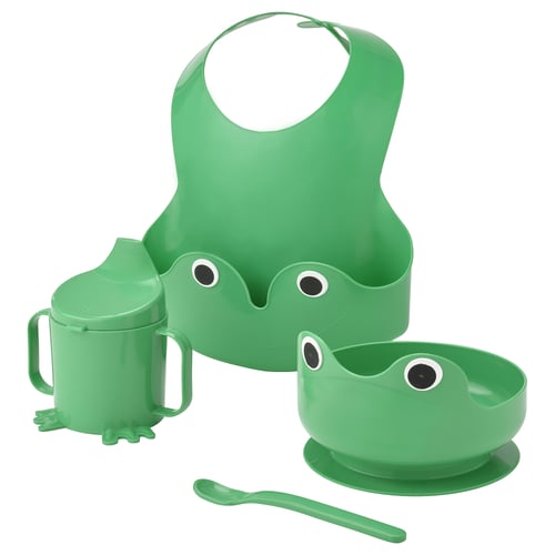 Green frog-themed baby mealtime set includes: bib, cup, bowl, spoon. Made of polyethylene & polypropylene plastic. Fun, functional design.