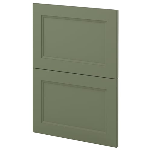 This image shows a pair of olive green METOD kitchen cabinet doors. They are rectangular with a smooth, flat surface and a simple panelled design.