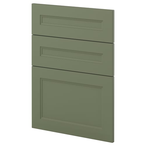 Three green kitchen cabinet drawers, sleek and modern design, recycled plastic front.