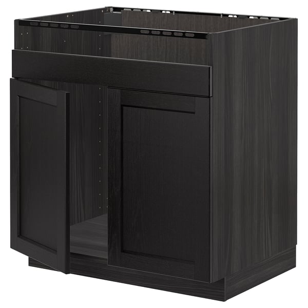 Black stained kitchen cabinet with two doors and a drawer, traditional design.