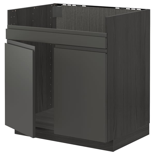 Black kitchen unit, modern dark grey, square, with hidden handles.