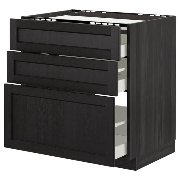 A black stained METOD kitchen unit with three drawers and smooth edges. Its modern and sturdy, crafted from ash wood and particleboard.