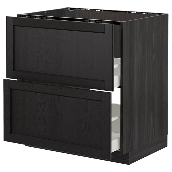 Customizable black ikea METOD kitchen unit with stained wooden drawers and modern design.