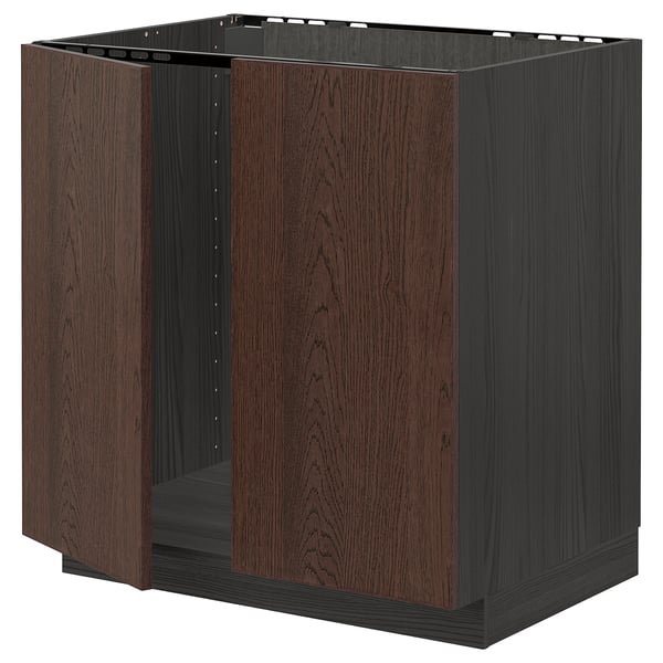 Dark brown wooden kitchen cabinet with metal frame.