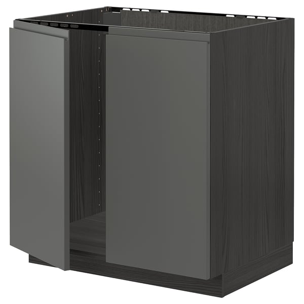 Dark grey METOD kitchen unit with wooden finish and integrated handles.