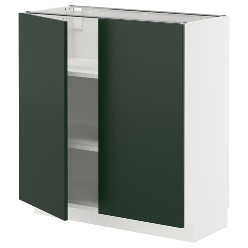 METOD kitchen cabinet, dark green, white frame, two doors, square shape.