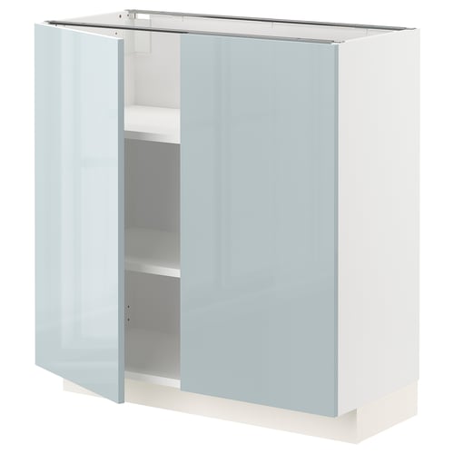 Depicts a white METOD kitchen cabinet with high-gloss grey-blue doors. The cabinet is rectangular with minimalist design and smooth edges.