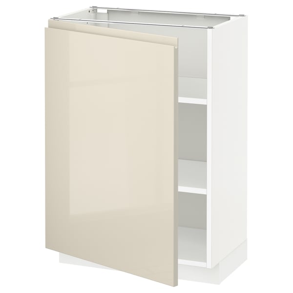 METOD Base cabinet with shelves, white/Voxtorp high-gloss light beige, 60x37 cm