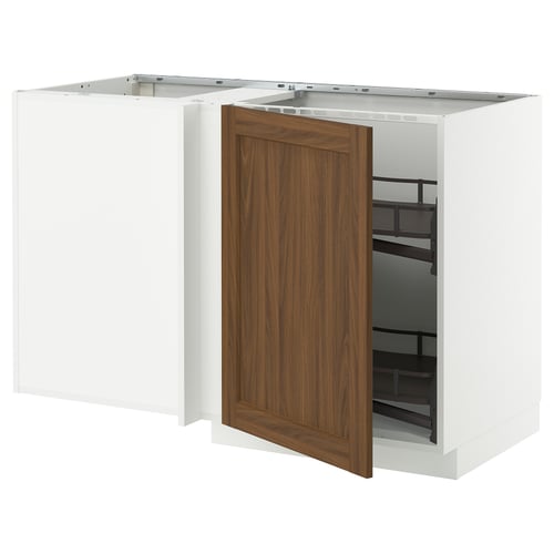 White kitchen cabinet with walnut door open, showing storage compartments.