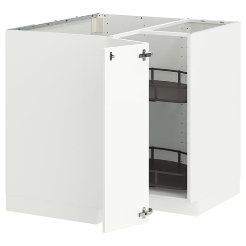 A white ikea METOD kitchen unit with a corner base cabinet and two drawers. It has a modern, glossy finish.