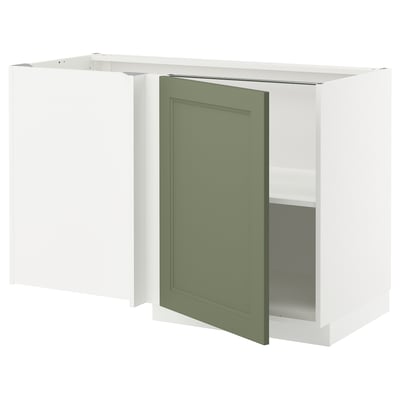 METOD Corner base cabinet with shelf, white/Axstad grey-green, 128x68 cm