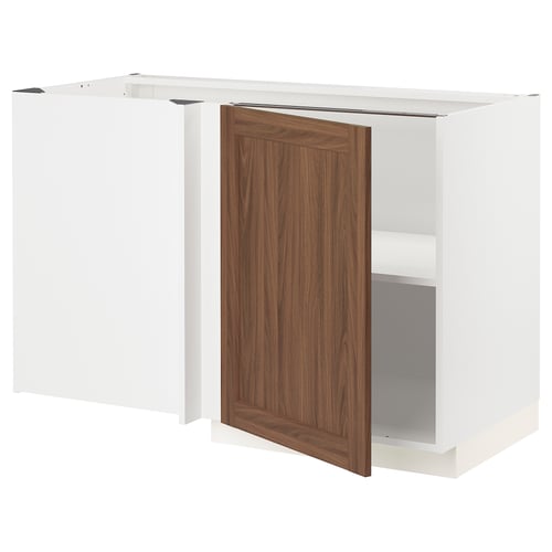 METOD kitchen unit with walnut-look door, white frame. Angled view.