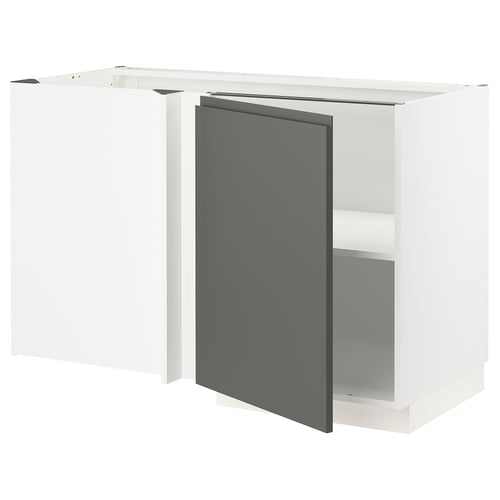 White & grey modern kitchen unit with one large grey door and one open shelf.