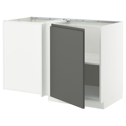 A white and grey modern kitchen cabinet with a sleek design. It a dark grey door, an adjustable shelf inside, and sturdy construction.