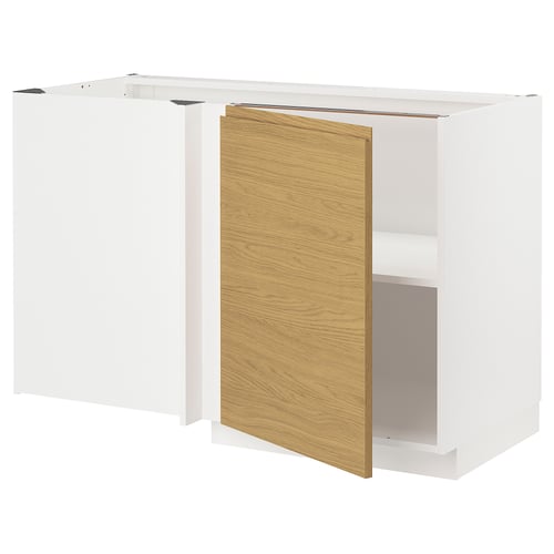 White & wood effect kitchen unit with open door.