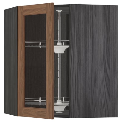 Open kitchen cabinet: METOD, grey, wood trim, adjustable shelves.