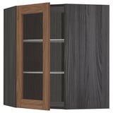 METOD Corner wall cab w shelves/glass dr, black Enköping/brown walnut effect, 68x80 cm