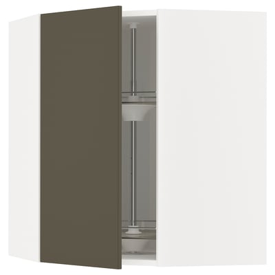 METOD Corner wall cabinet with carousel, white/Havstorp brown-beige, 68x80 cm