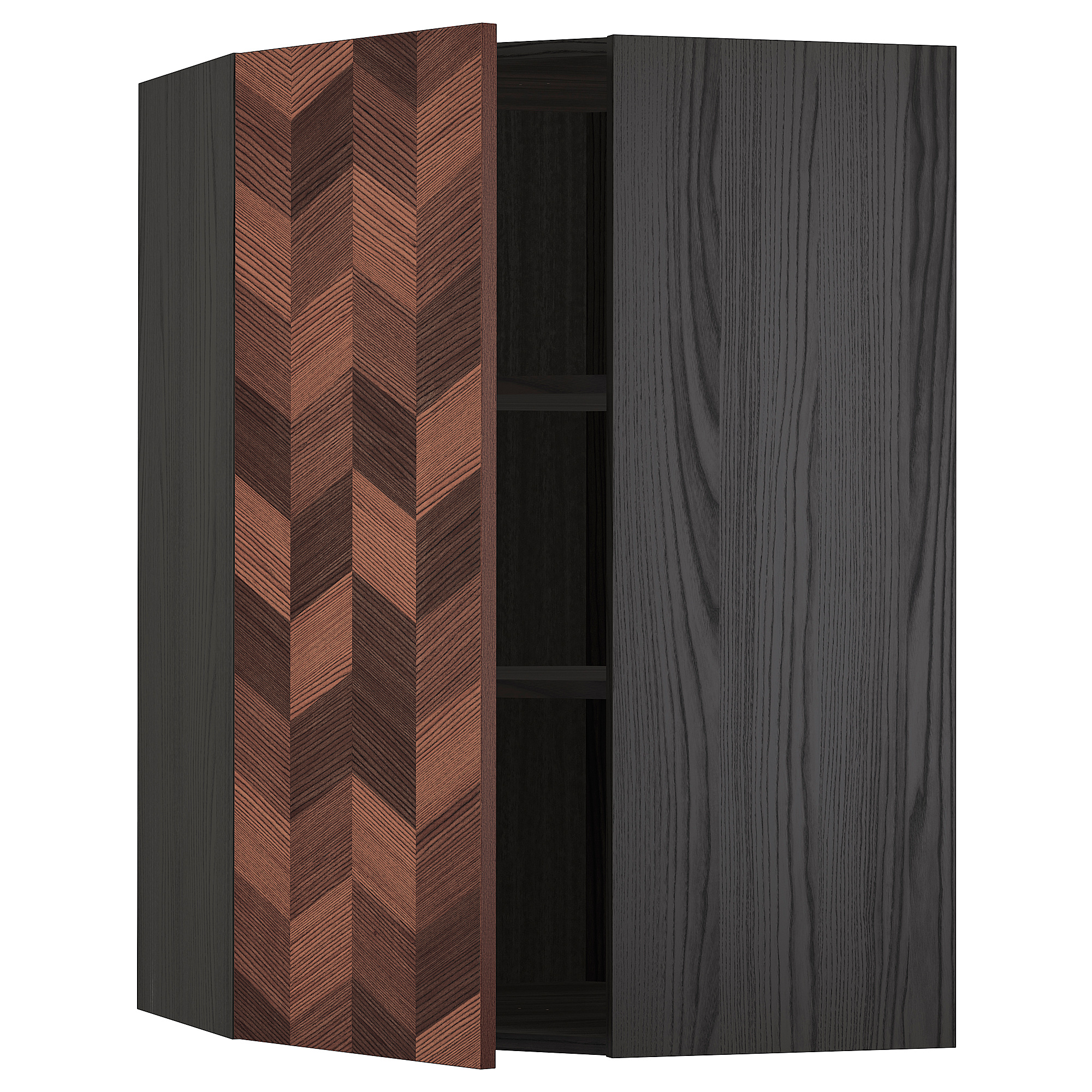 METOD Corner wall with shelves black Hasslarp/brown patterned