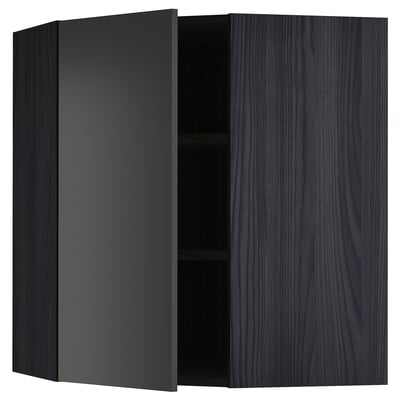 Ikea METOD wall cabinet in dark gray. Rectangle shape with one open door showing a shelve inside. Modern and sleek design.