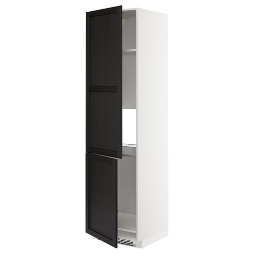 A white METOD kitchen cabinet with black stained wooden doors, featuring bevelled edges and a sturdy frame.