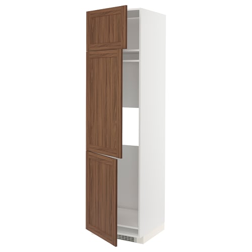 White METOD kitchen cabinet with walnut doors, adjustable shelves.