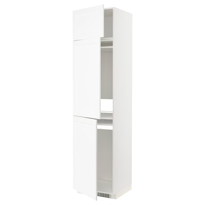 White METOD kitchen cabinet with silver fixtures and interior shelves.