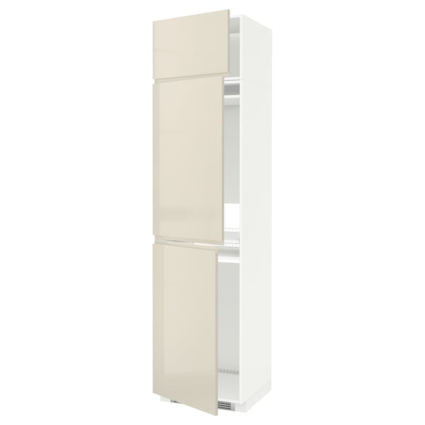 METOD High cab f fridge/freezer w 3 doors, white/Voxtorp high-gloss light beige, 60x60x240 cm