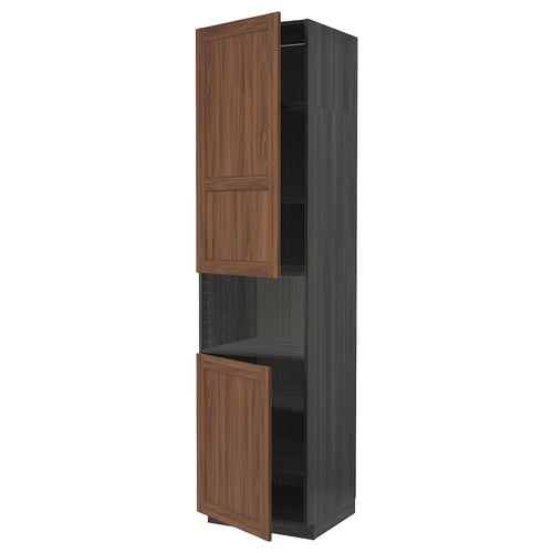 A tall, dark grey METOD kitchen cabinet with two open wooden doors, displaying a classic warm design with a subtle grain.