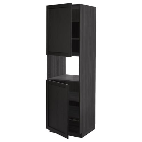 Black stained wooden kitchen cabinet with two doors and a shelf.