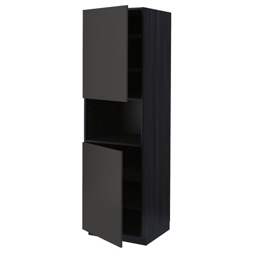 Black kitchen cabinet, modern design, matt finish, rectangular shape, two doors open.