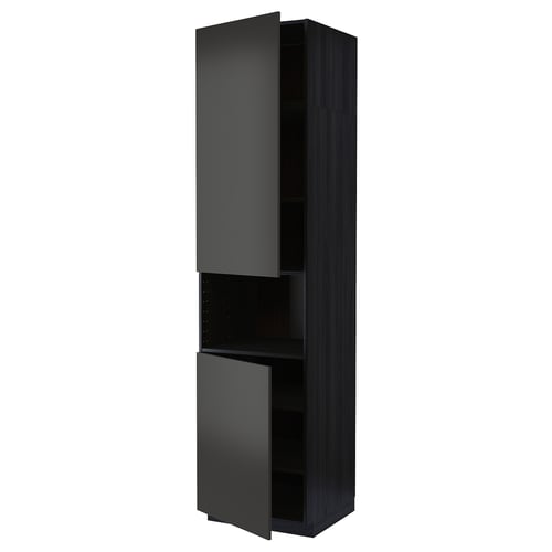 A black METOD kitchen cabinet with two open doors, featuring a sleek, modern design and adjustable shelves.