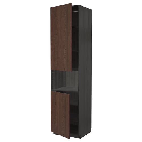 Tall dark brown kitchen cabinet with two open wooden doors revealing adjustable shelves inside.