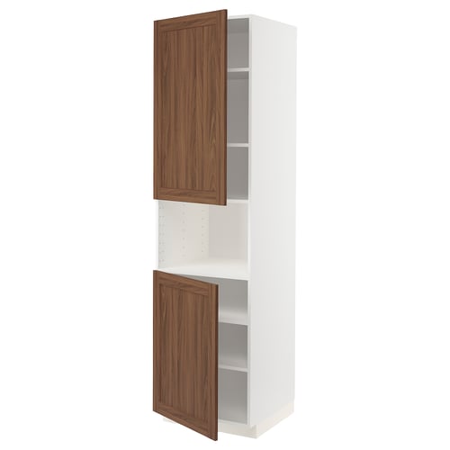 White kitchen cabinet with walnut doors. Two shelves, adjustable, open design.