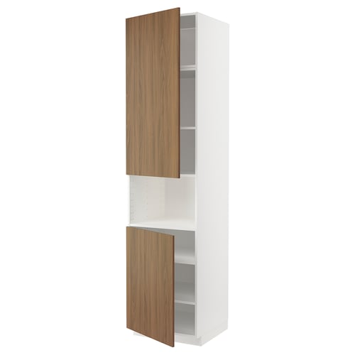 This image shows a white and wooden METOD kitchen cabinet with two adjustable shelves. Both doors are open, revealing the storage space inside.