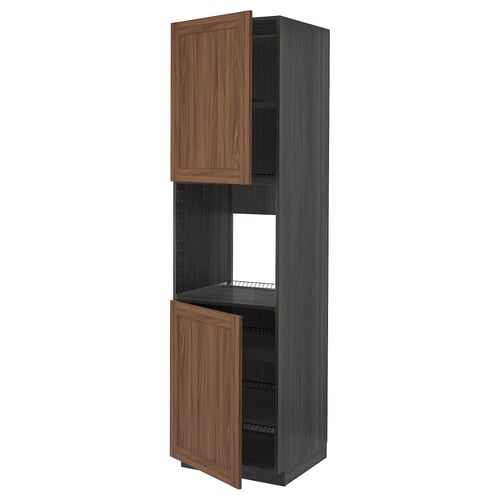 A tall grey kitchen cabinet with open wooden doors, featuring multiple shelves.