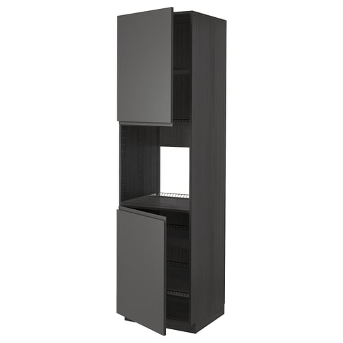 Dark grey modern kitchen cabinet with one open section, one closed section, and sleek design.