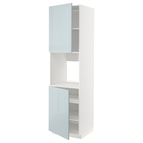 A white high cabinet with light blue glass doors, part of the METOD kitchen system, featuring adjustable shelves.