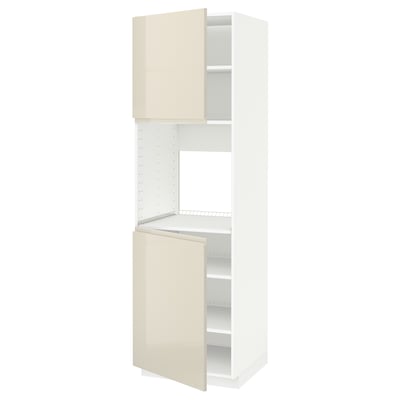 A modern, tall, white kitchen cabinet with a beige door and a metal shelf, part of the METOD kitchen system.
