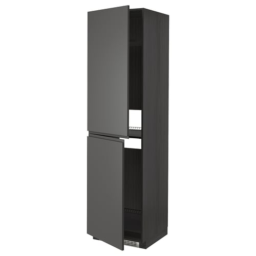 METOD kitchen cabinet in grey wood; tall, rectangular, two doors open revealing shelves.