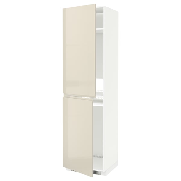 METOD High cabinet for fridge/freezer, white/Voxtorp high-gloss light beige, 60x60x220 cm