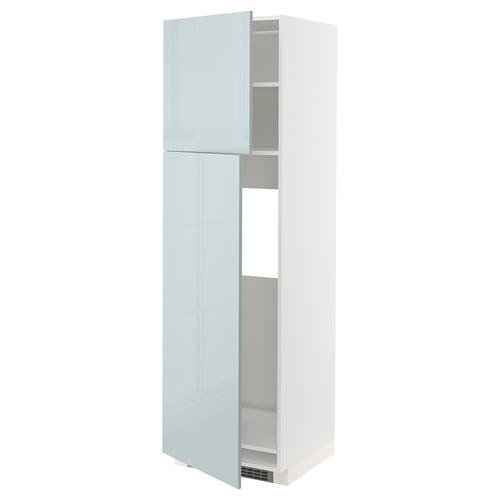 A METOD kitchen cabinet with two light blue high-gloss doors, featuring adjustable shelves inside.