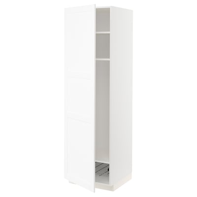 White METOD kitchen cabinet with one open door, two shelves, and a wire basket.