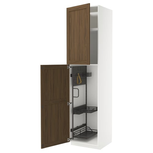 METOD kitchen cupboard with walnut-brown doors and silver organisers, slim and tall white cabinet.