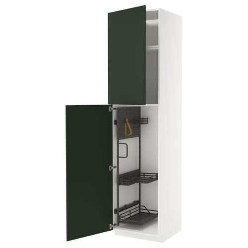 Modern kitchen cabinet set with deep green doors, multiple compartments, white frame, metal accessories.